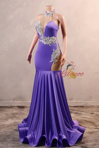Purple Mermaid Halter Crystal Prom Dress