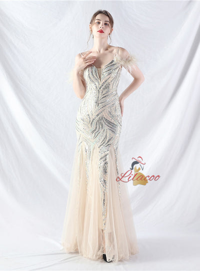 Spaghetti Straps Mermaid Sequins Tulle Prom Dress