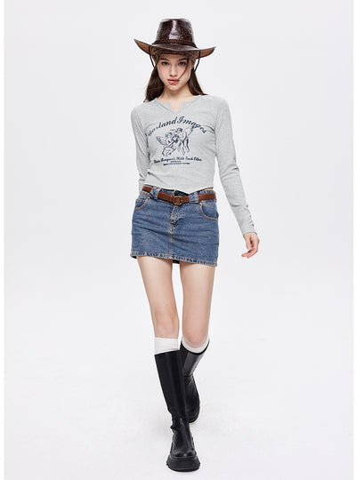 V-neck Long Sleeve T-shirt Printed Top