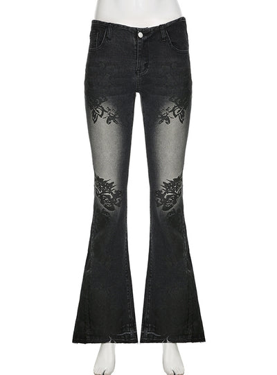 Low Waist Embroidered Flowers Slim Jeans