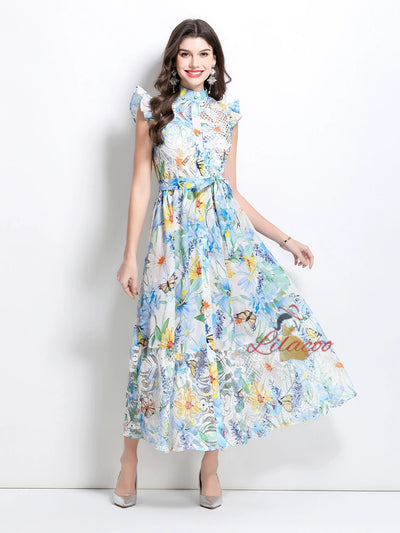 Oil Painting Flower Lace Stitching Long Dress