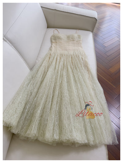 Green Lace Pleats Straps Prom Dress