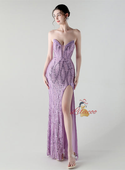 Mermaid Sequins Strapless Split Beading Prom Dress