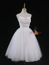 White Tulle Spaghetti Straps Short Wedding Dress