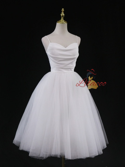 White Tulle Spaghetti Straps Short Wedding Dress