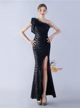 One Shoulder Split Sequins Prom Dress