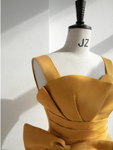 Yellow Tulle Straps Bow Pleats Prom Dress