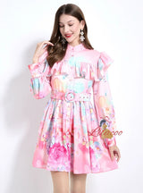 Retro Lantern Sleeve Printed Dress