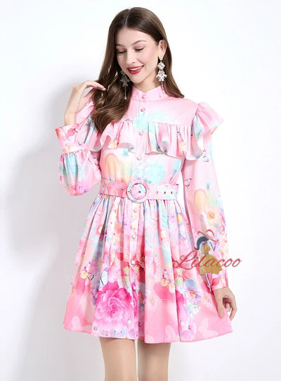 Retro Lantern Sleeve Printed Dress