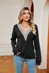 Solid Color V-neck Loose Long Sleeve T-shirt