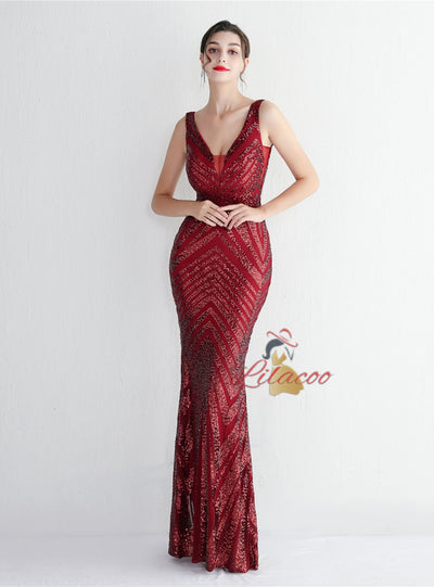V-neck Mermaid Sequins Prom Dress