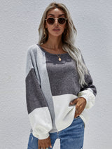 Crew Neck Pullover Back Strap Splicing Sweater