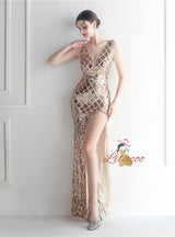 V-neck Sequins Beading Prom Dress