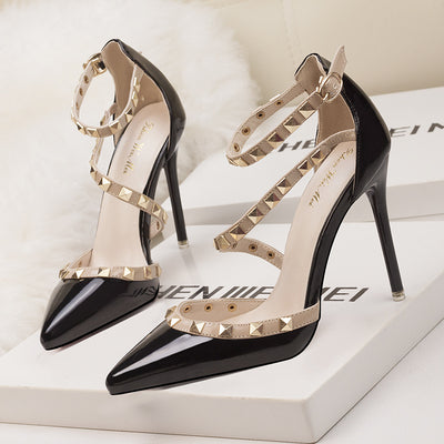 Thin-heeled Shallow-mouth Pointed Rivet Sandals