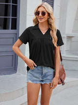 Solid Color Lapel Pleated Loose Short Sleeve T-shirt