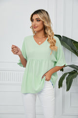 Solid Color V-neck Loose Stitching Chiffon Top