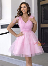 White Mesh V-neck Short Dress