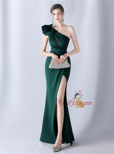 Mermaid One Shoulder Pleats Split Prom Dress