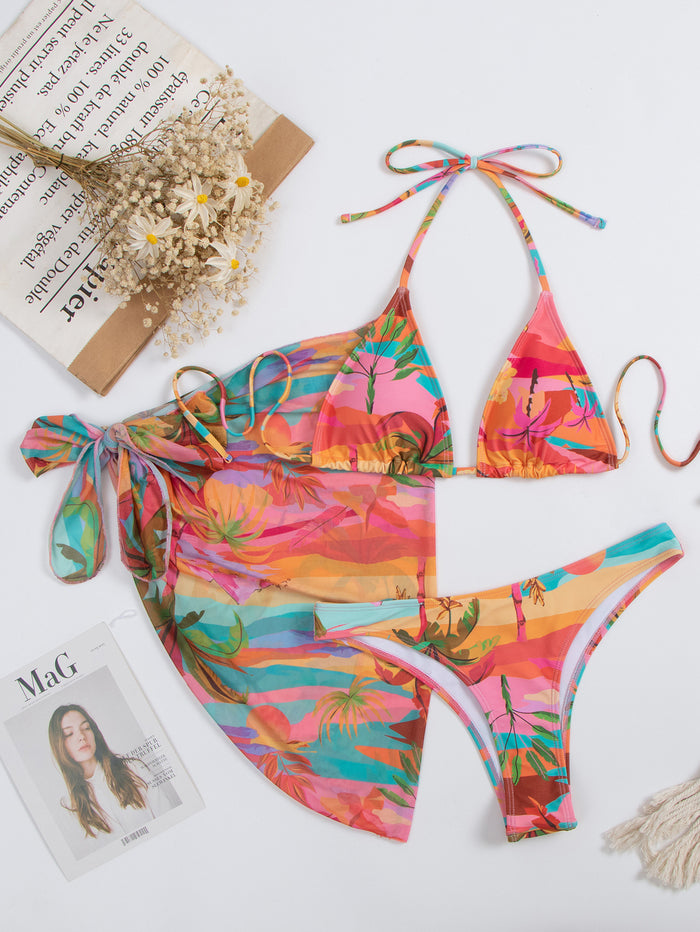 Three-piece Swimsuit Mesh Printed Beach Bikini