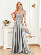 Black Satin Sequins Long Prom Dress