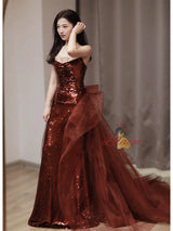 Burgundy Mermaid Sequins Tulle Crystal Prom Dress