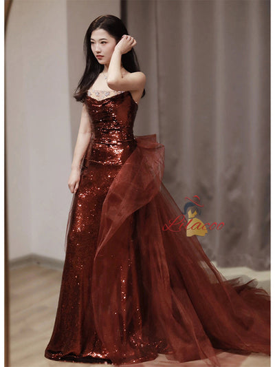 Burgundy Mermaid Sequins Tulle Crystal Prom Dress