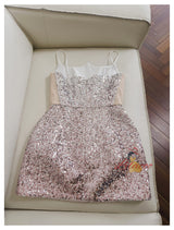 Silver Pink Sequins Straps Short Prom Dress
