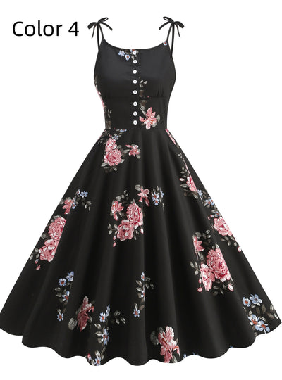 Women Straps Pocket Retro Print Dress