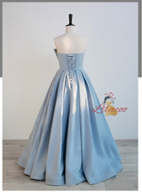 Blue Satin Strapless Pleats Bow Prom Dress