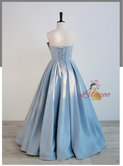 Blue Satin Strapless Pleats Bow Prom Dress