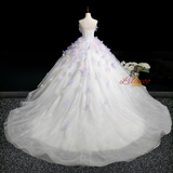 White Tulle Strapless Purple Appliques Dress