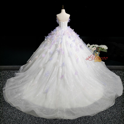 White Tulle Strapless Purple Appliques Dress