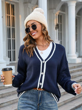 Button Contrast V-neck Sweater Coat
