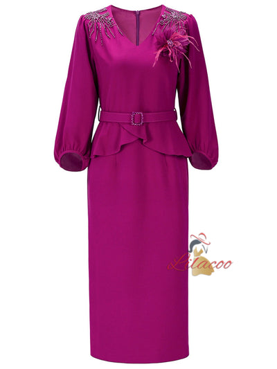 Pink V-neck Beading Flower Mother Of The Bride Dress