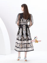 V-neck Lantern Sleeve Long Retro Print Dress