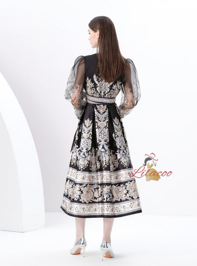 V-neck Lantern Sleeve Long Retro Print Dress