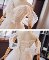 White Tulle Lace Spaghetti Straps Wedding Dress