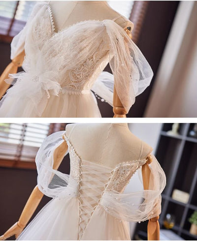 White Tulle Lace Spaghetti Straps Wedding Dress