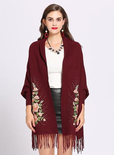 Embroidered Bat Sleeve Tassel Knitted Shawl Cloak Coat