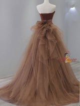Sexy Caramel Mermaid Tulle Strapless Prom Dress