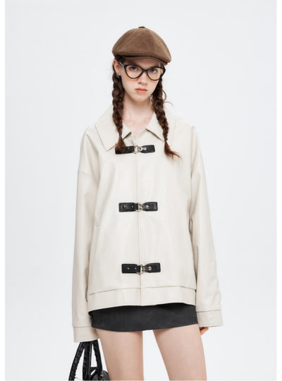 Button Lapel Long Sleeve Jacket PU Leather Coat