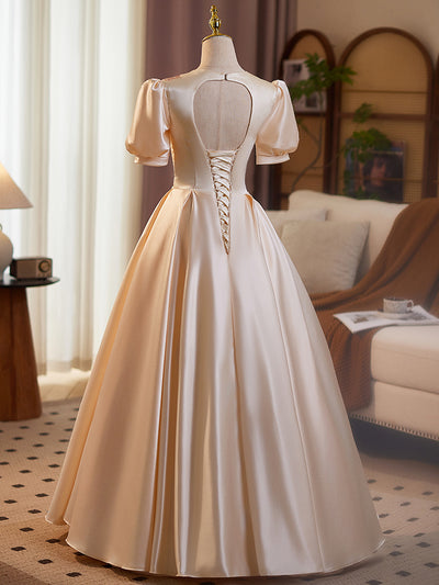 Champagne Satin Short Sleeve Backless Prom Dress