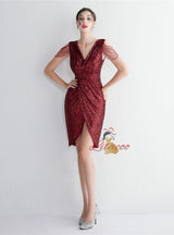 V-neck Split Sequins Beading Short Prom Dress