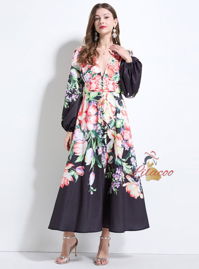 Retro Printed Breasted Puff Sleeve Dress