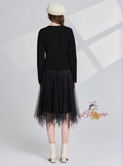 Hollow Bow Shiny Coat+Gauze Skirt Two-piece Set