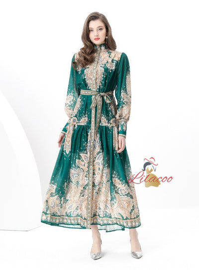 Palace Stand-up Printed Breasted Dress