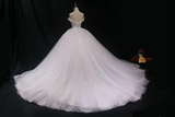 White Tulle Off the Shoulder Pearls Wedding Dress