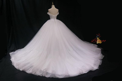 White Tulle Off the Shoulder Pearls Wedding Dress