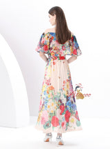 Off the Shoulder Pleated Printed Long Dress