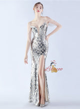Spaghetti Straps Sequins Beading Split Prom Dress